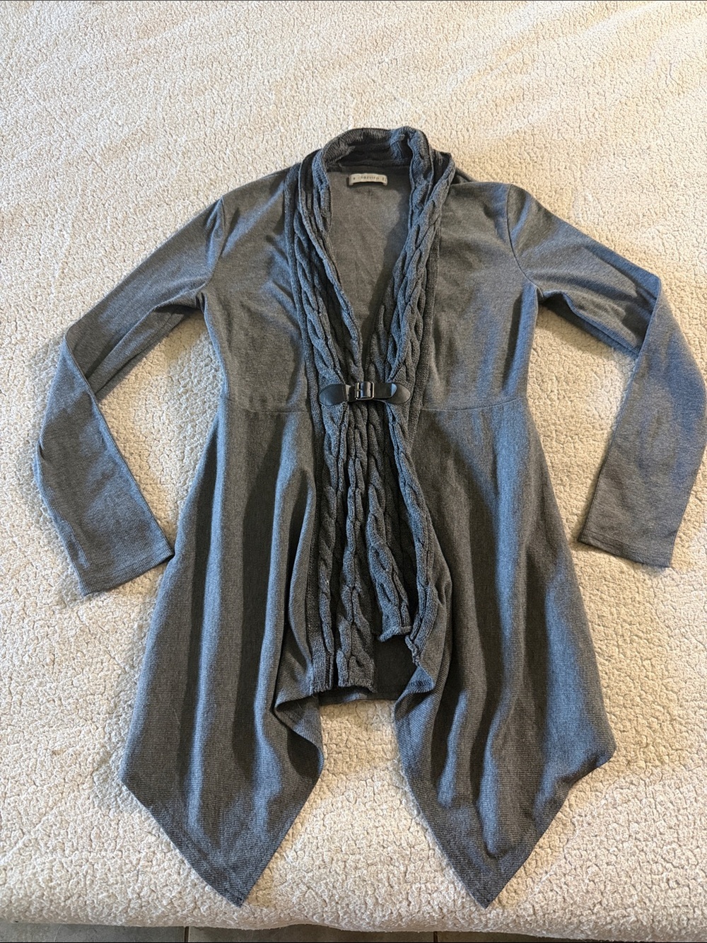 Dressfo Gray Open-Front Draped Cardigan with Braided Shawl Collar Small